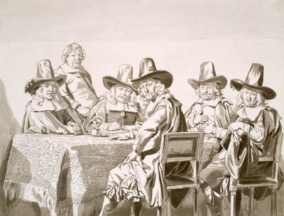 Seventeenth century meeting of a committee of town worthies or similar, around a table, from 1663 by Jan de Bray